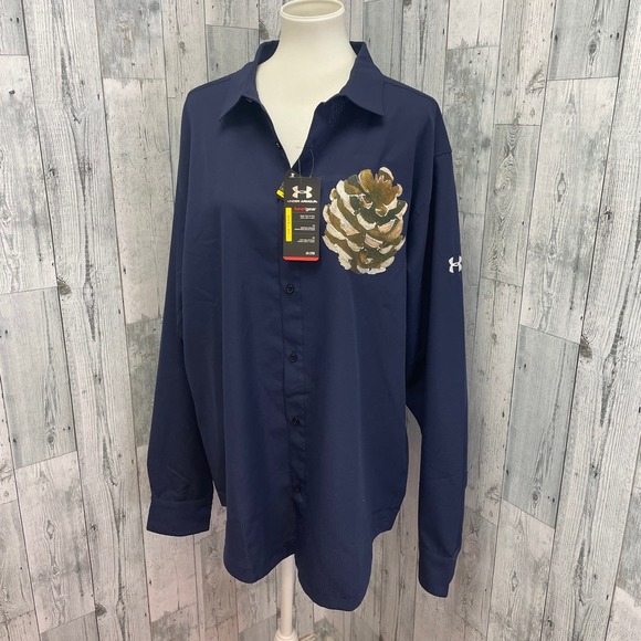 Hand Printed Mens XXL Upcycled Rustic Woody Pine Cone Long Sleeve Button Shirt - Picture 1 of 7